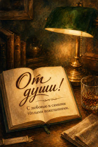 Раскрытая книга с текстом, зелёная настольная лампа и гранёный стакан в тёмной библиотеке