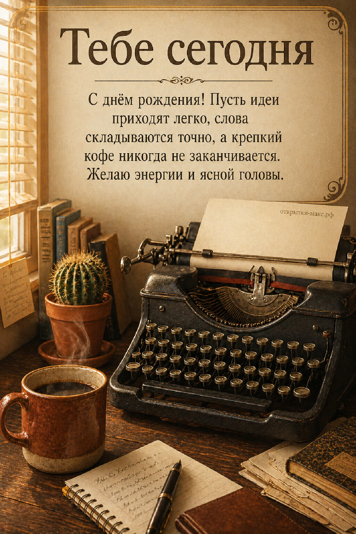 Чёрная ретро-печатная машинка с чистым листом бумаги и кружка кофе на деревянном столе