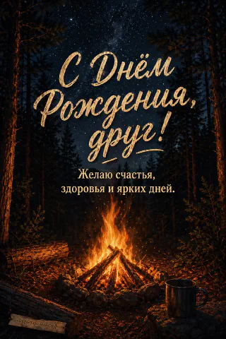 Горящий костёр из брёвен в тёмном хвойном лесу под ночным звёздным небом
