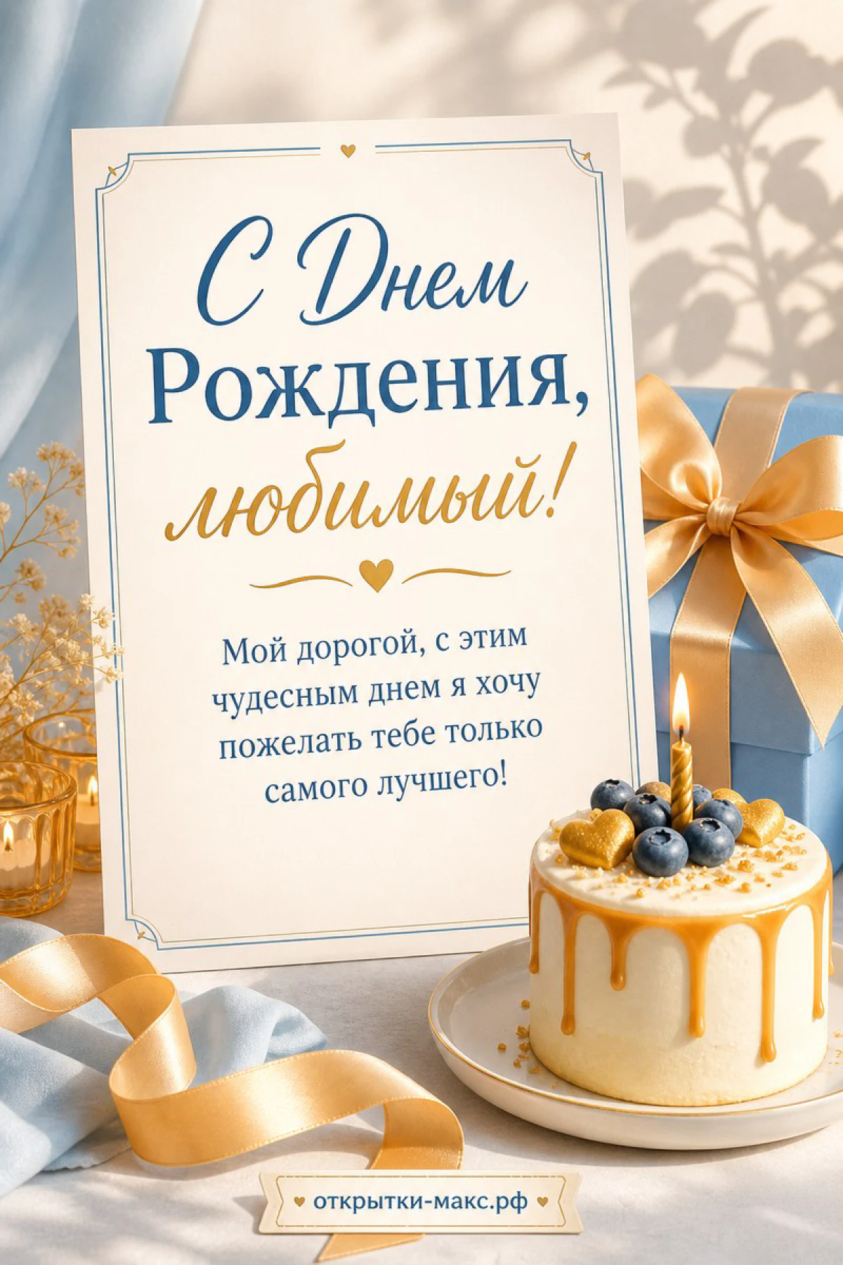Голубая подарочная коробка с золотым бантом и торт с черникой и свечой на светлом фоне с карточкой С Днём Рождения любимый