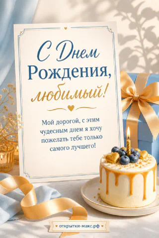 Голубая подарочная коробка с золотым бантом и торт с черникой и свечой на светлом фоне с карточкой С Днём Рождения любимый