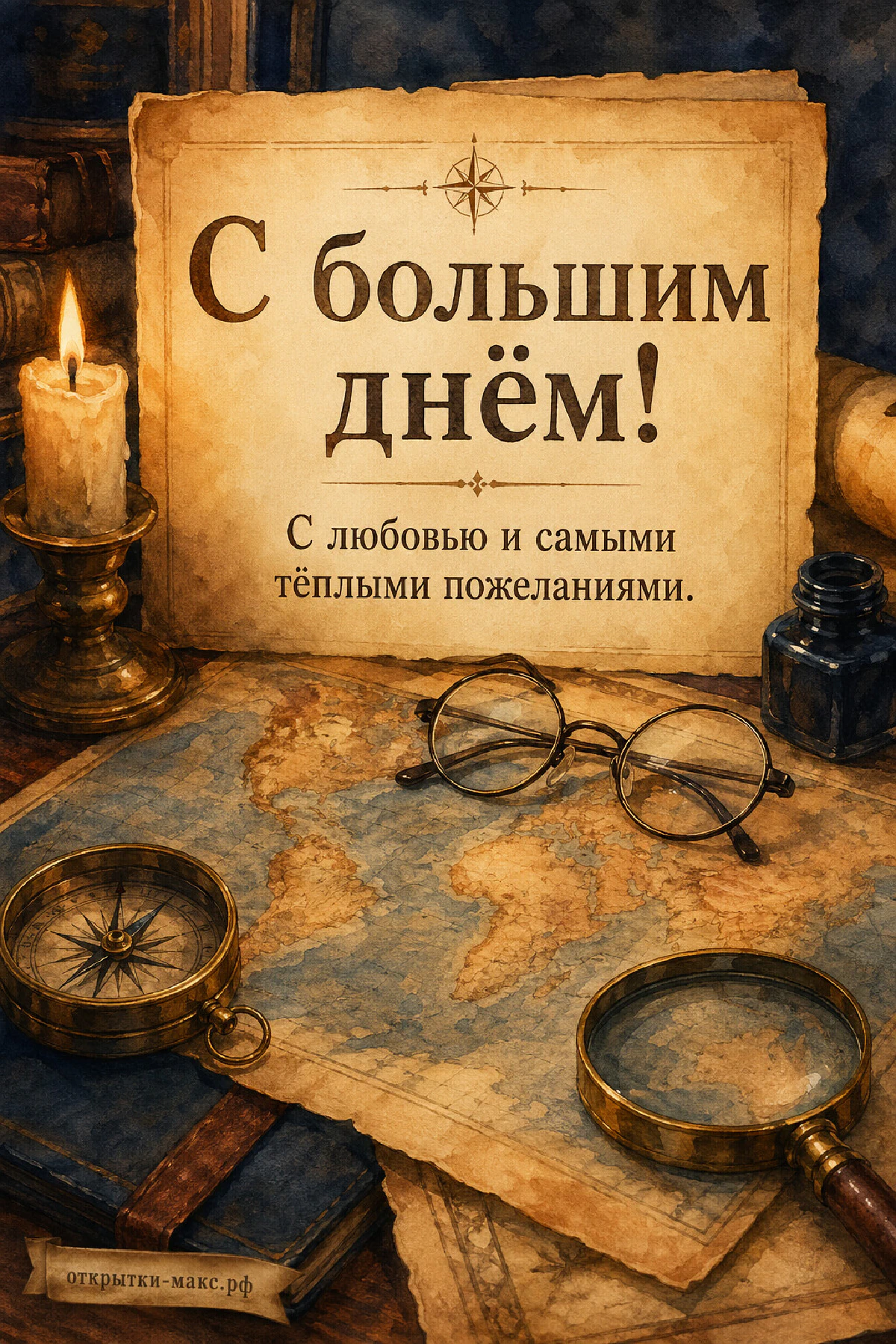 Старинная карта мира с компасом, лупой, круглыми очками и свечой на деревянном столе