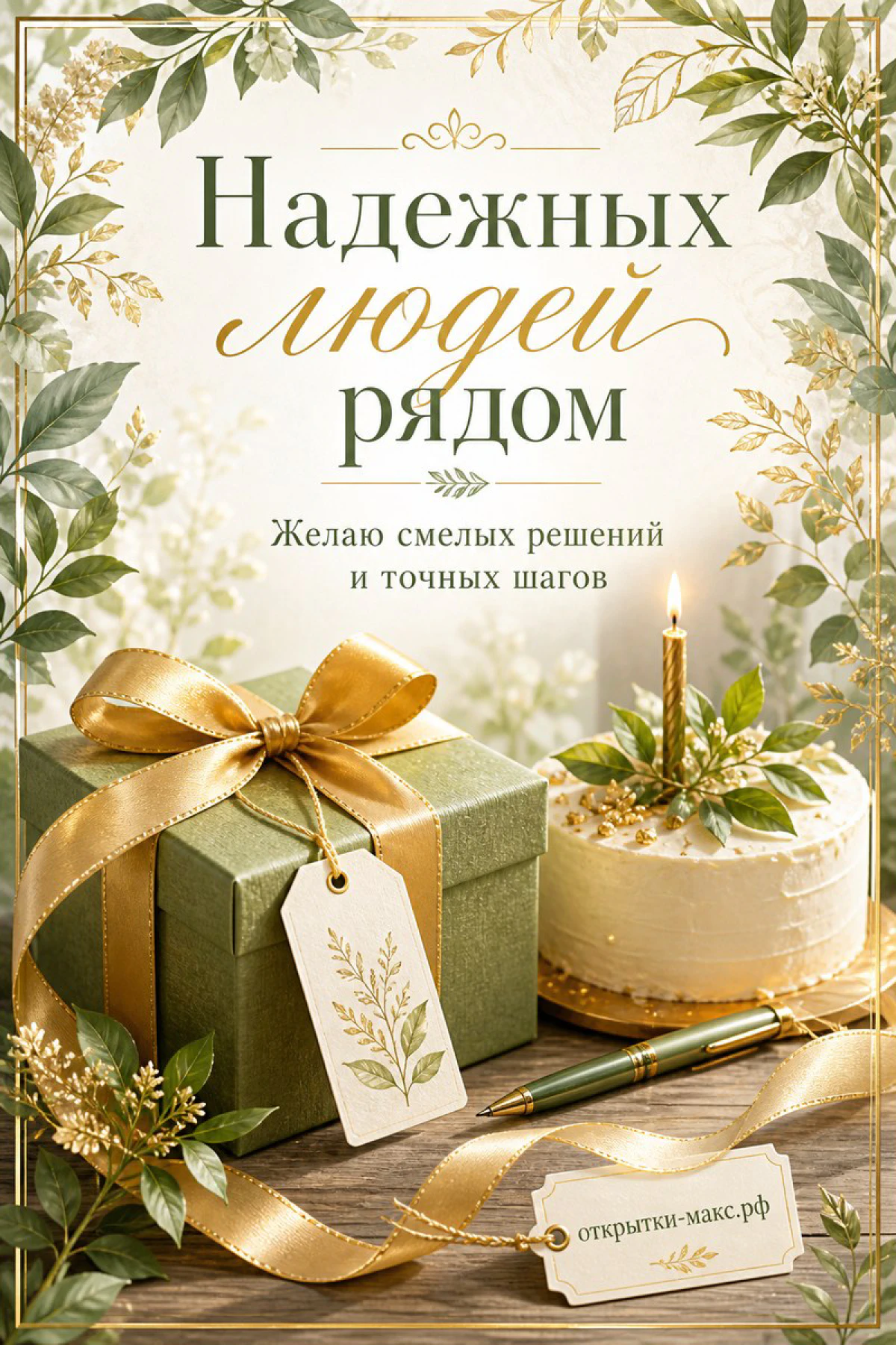 Зелёная подарочная коробка с золотым бантом и торт со свечой на фоне зелёных листьев с надписью Надежных людей рядом