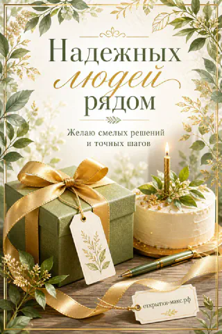 Зелёная подарочная коробка с золотым бантом и торт со свечой на фоне зелёных листьев с надписью Надежных людей рядом