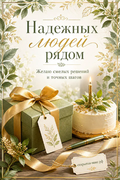 Зелёная подарочная коробка с золотым бантом и торт со свечой на фоне зелёных листьев с надписью Надежных людей рядом