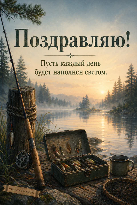 Удочка с катушкой и открытый ящик с блёснами у туманной реки на рассвете