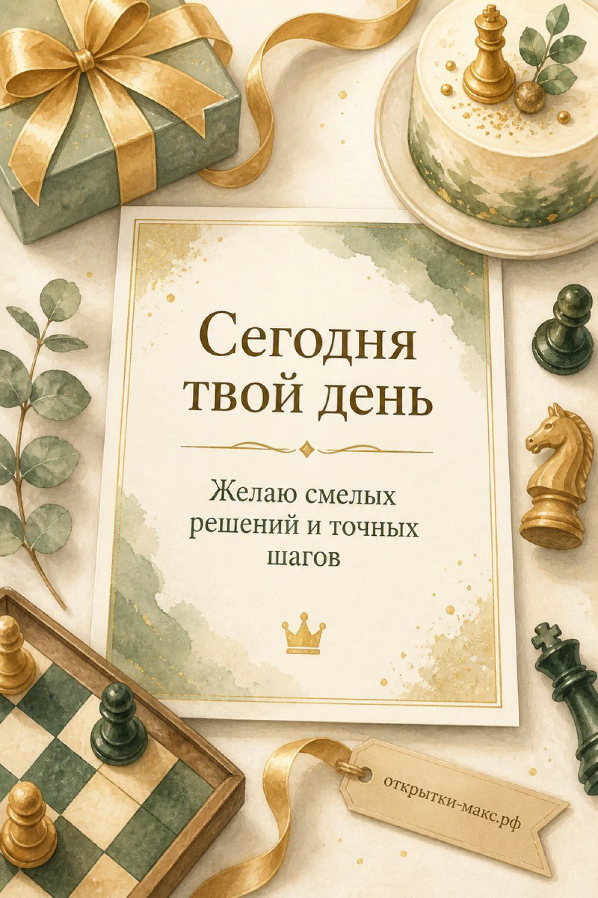Шахматная доска с фигурами и торт с зеленью рядом с карточкой Сегодня твой день на светлом фоне