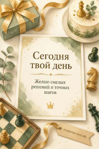 Шахматная доска с фигурами и торт с зеленью рядом с карточкой Сегодня твой день на светлом фоне