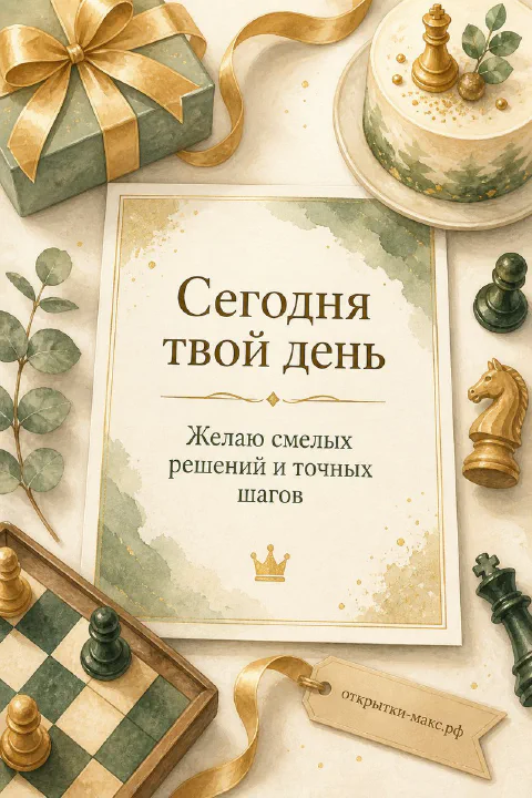 Шахматная доска с фигурами и торт с зеленью рядом с карточкой Сегодня твой день на светлом фоне