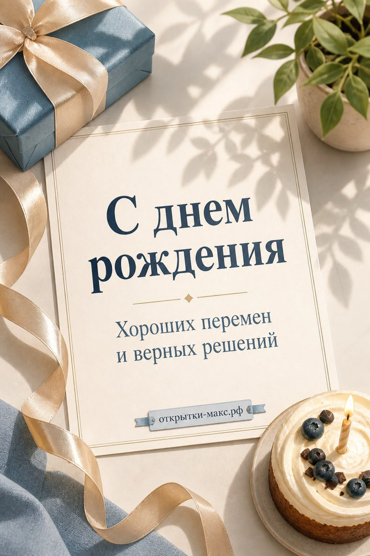 Карточка С днём рождения на фоне синего подарка, торта с черникой и зелёного растения в горшке