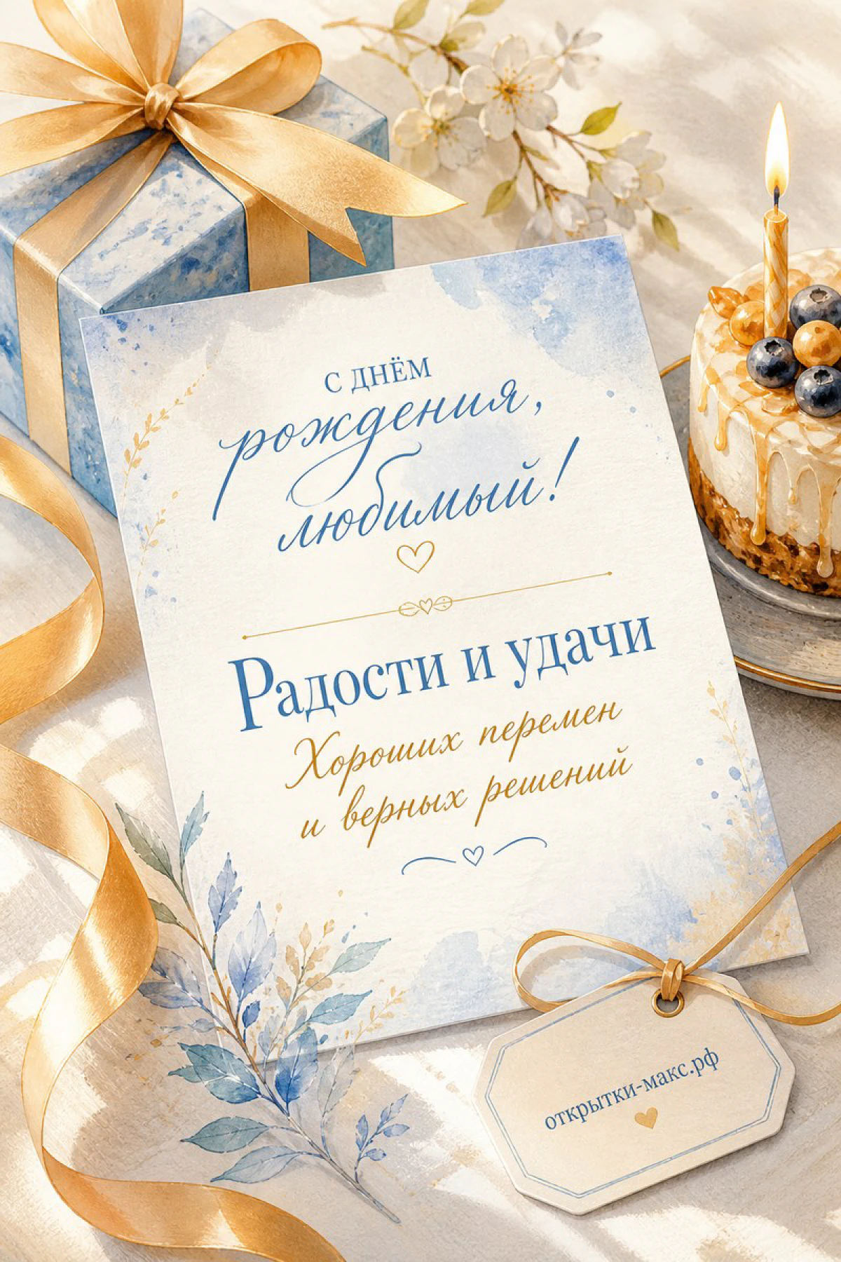 Акварельная открытка с голубым тортом, подарком с золотым бантом и ветками на светлом фоне