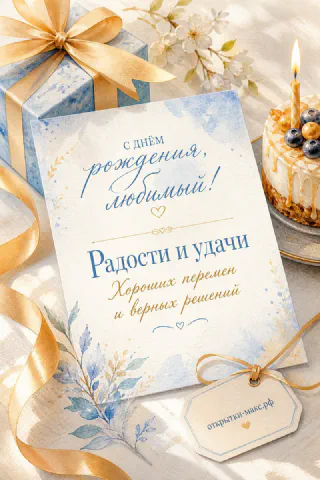 Акварельная открытка с голубым тортом, подарком с золотым бантом и ветками на светлом фоне