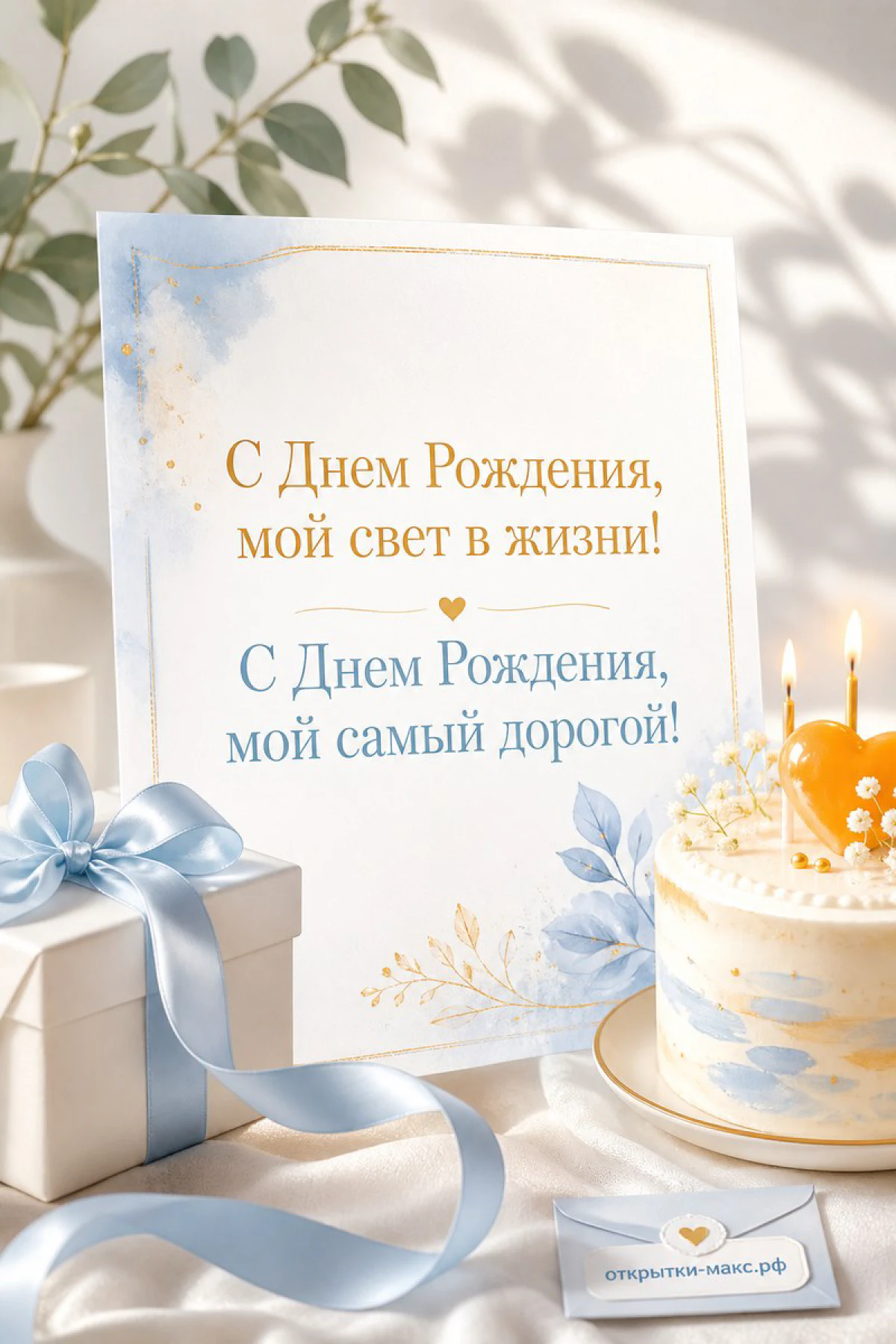 Голубая открытка с текстом Мой свет в жизни рядом с тортом со свечами и белым подарком