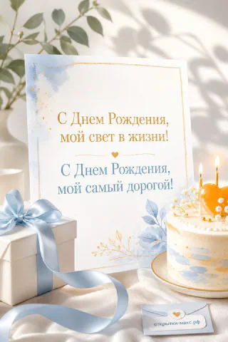 Голубая открытка с текстом Мой свет в жизни рядом с тортом со свечами и белым подарком