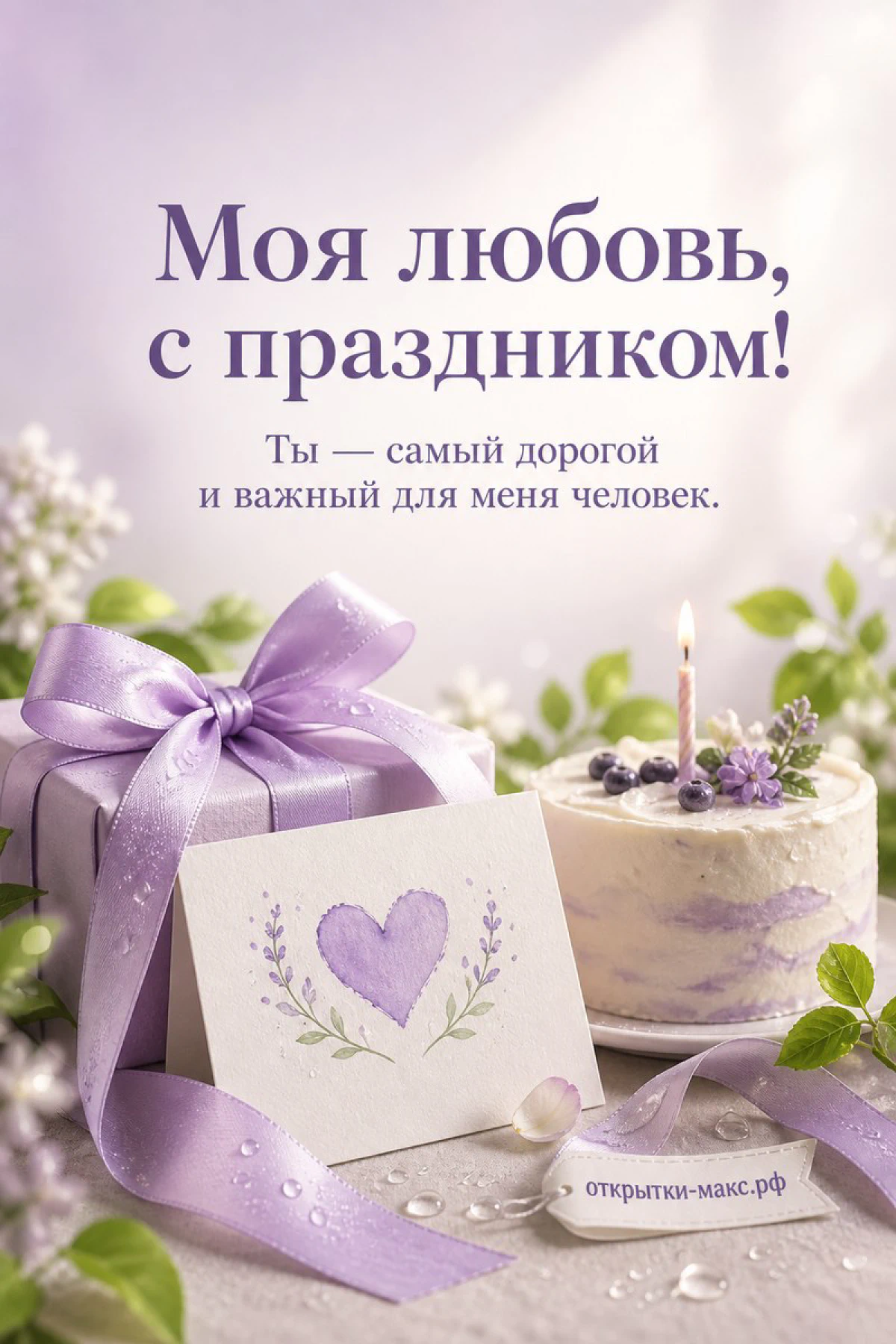 Сиреневая коробка с бантом и торт с лавандой и черникой рядом с карточкой с сердечком на светлом фоне с надписью Моя любовь с праздником