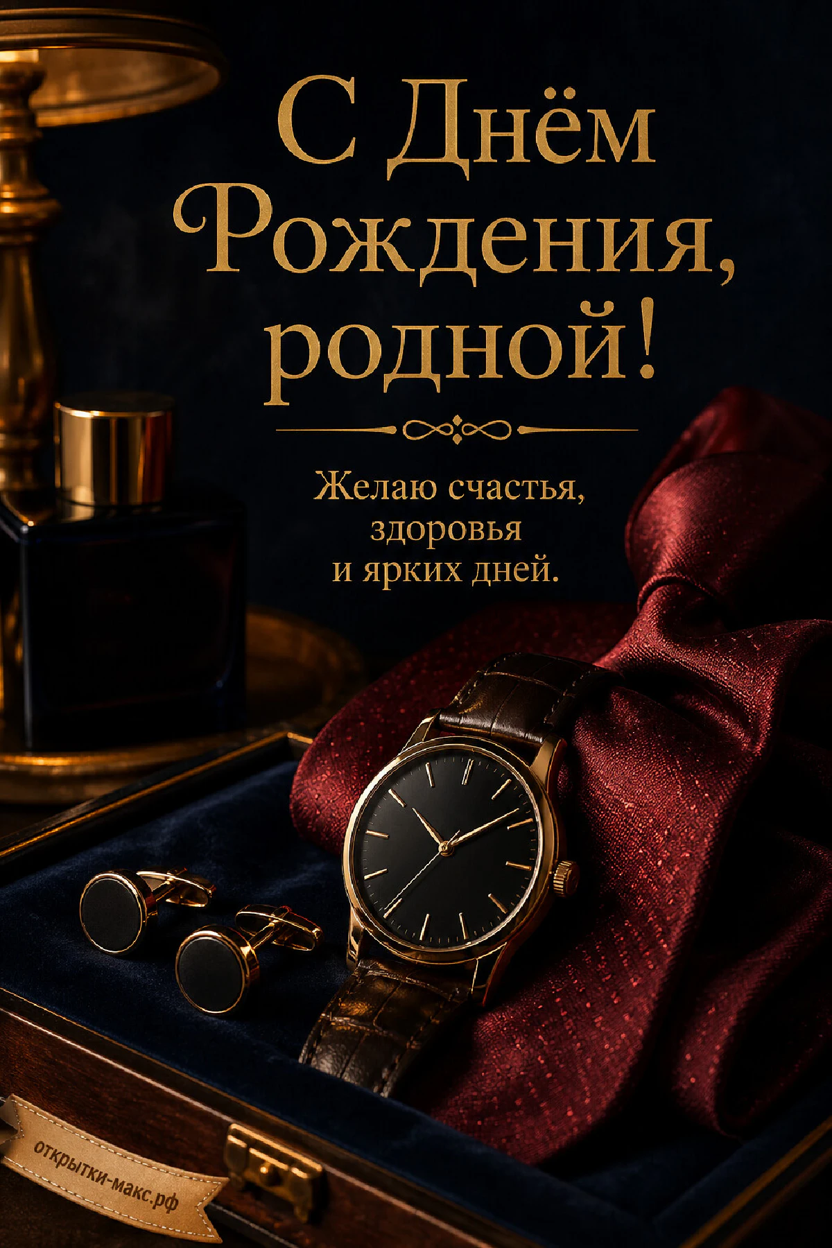Золотые наручные часы с запонками на бордовом шёлковом галстуке в синей шкатулке