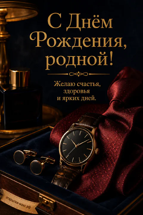 Золотые наручные часы с запонками на бордовом шёлковом галстуке в синей шкатулке