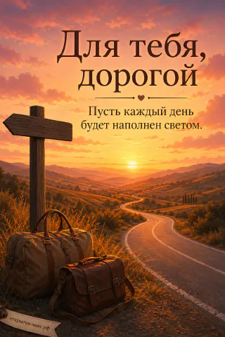 Деревянный указатель и дорожные сумки у извилистой дороги на фоне закатного неба