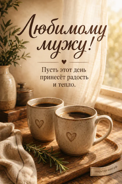 Две бежевые керамические кружки с кофе и сердечком на деревянном подносе у окна