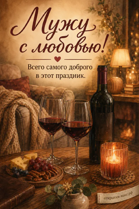 Два бокала красного вина, бутылка, сыр с виноградом и свеча у горящего камина