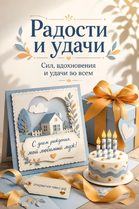 Бумажная сцена с домиком и деревьями, торт со свечами и подарок с золотым бантом в голубых тонах