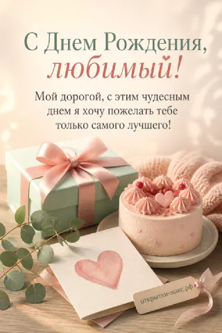 Розовый торт с сердечком и малиной рядом с подарком в мятной упаковке и веточкой эвкалипта