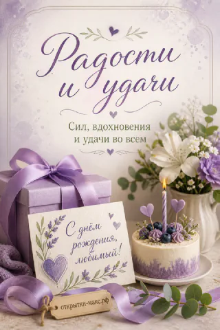 Сиреневый торт с сердечком и свечой рядом с подарком и белыми цветами, надпись Радости и удачи