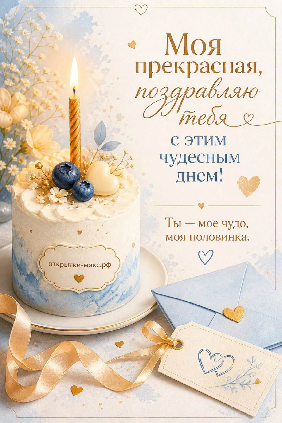 Белый торт со свечой, голубой конверт и золотая лента на фоне нежных цветов с надписью Моя прекрасная
