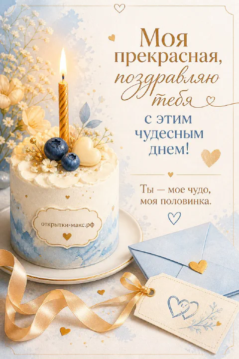 Белый торт со свечой, голубой конверт и золотая лента на фоне нежных цветов с надписью Моя прекрасная