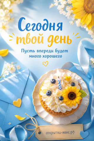 Торт с кремом и подсолнухом на тарелке, голубой конверт и подсолнухи на голубом фоне
