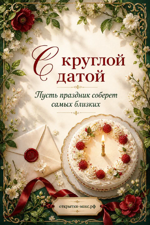 Белый торт с малиной и свечой, конверт с красным сургучом и красные цветы в ботанической рамке