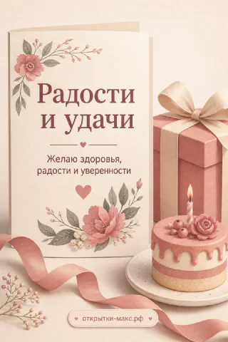 Поздравительная карточка с цветами, подарок с кремовым бантом и розовый торт