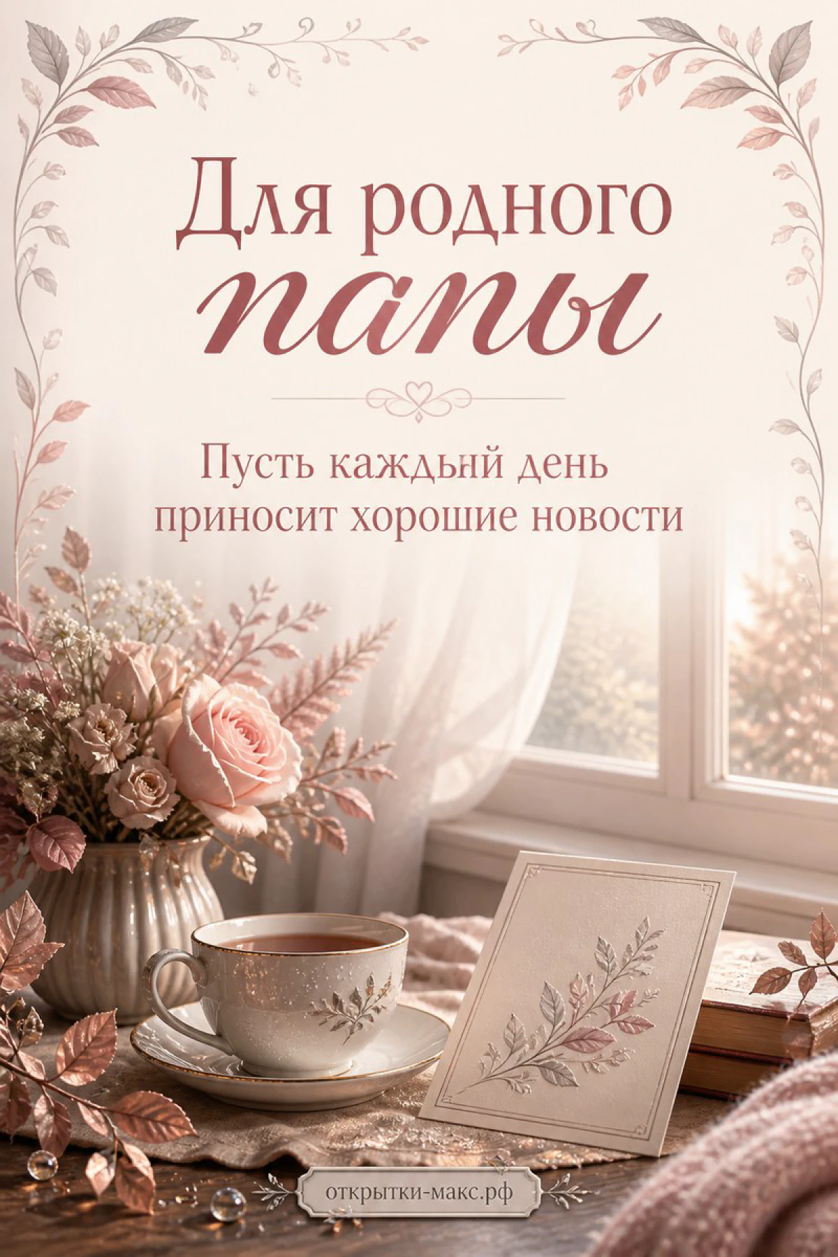 Чашка чая с блюдцем и ваза с розовыми розами на столике у окна с надписью «Для родного папы»