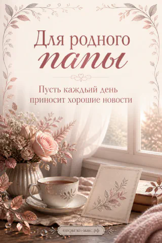 Чашка чая с блюдцем и ваза с розовыми розами на столике у окна с надписью «Для родного папы»