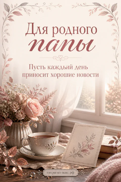 Чашка чая с блюдцем и ваза с розовыми розами на столике у окна с надписью «Для родного папы»