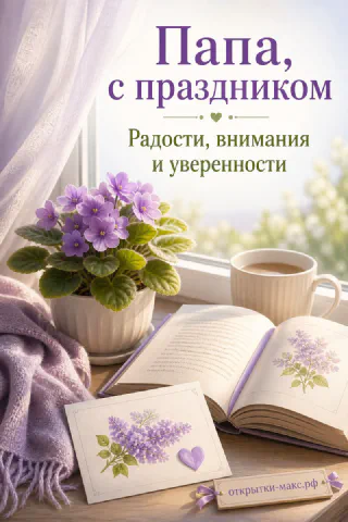 Открытая книга с цветком и чашка чая рядом с горшком фиалок на столике у окна в сиреневых тонах