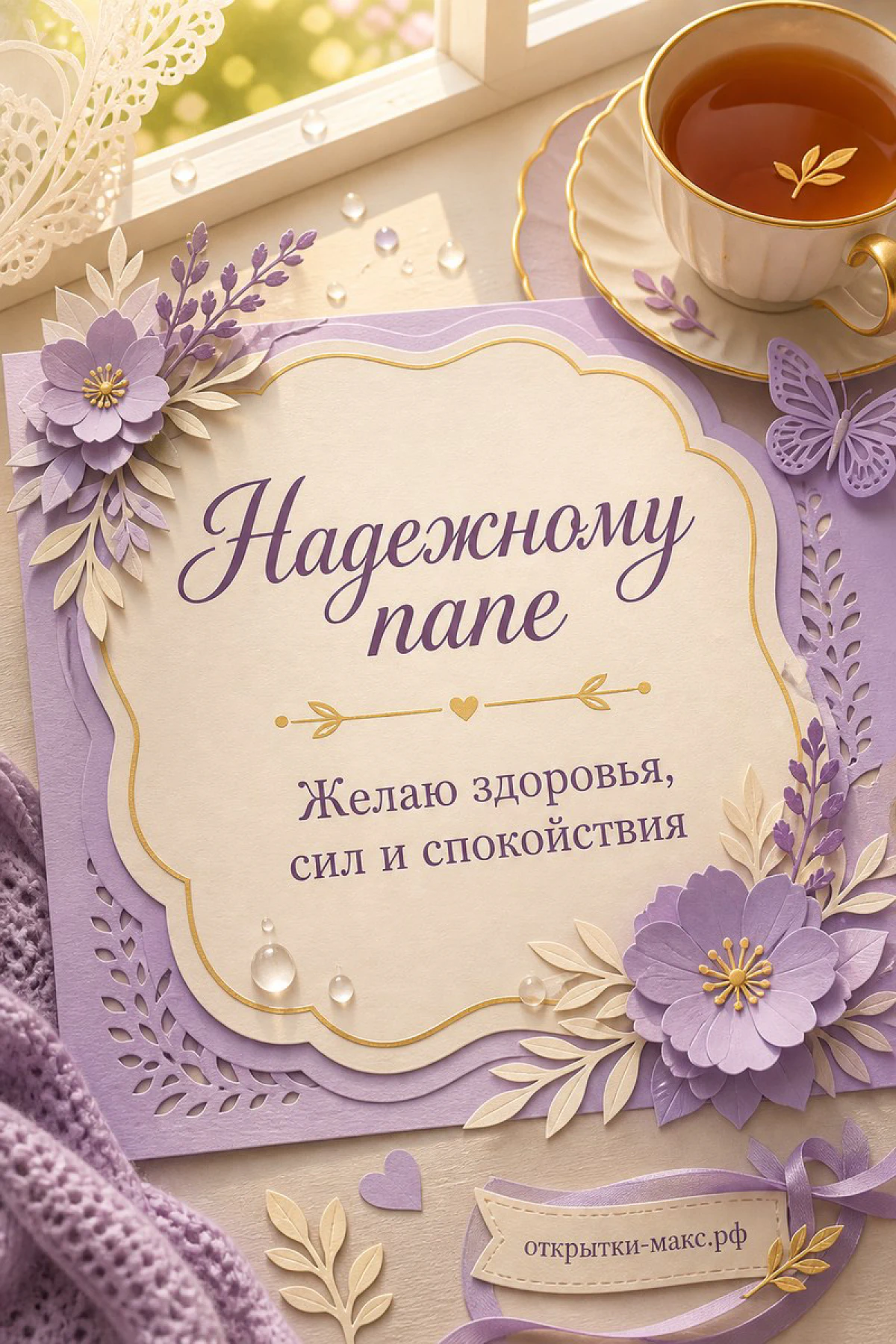 Декоративная открытка с бумажными сиреневыми цветами, чашкой чая и надписью «Надёжному папе» на кремовом фоне
