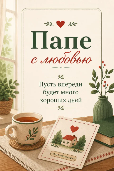 Чашка чая на плетёной подставке рядом с открыткой с домиком и вазой с листьями на кремовом фоне