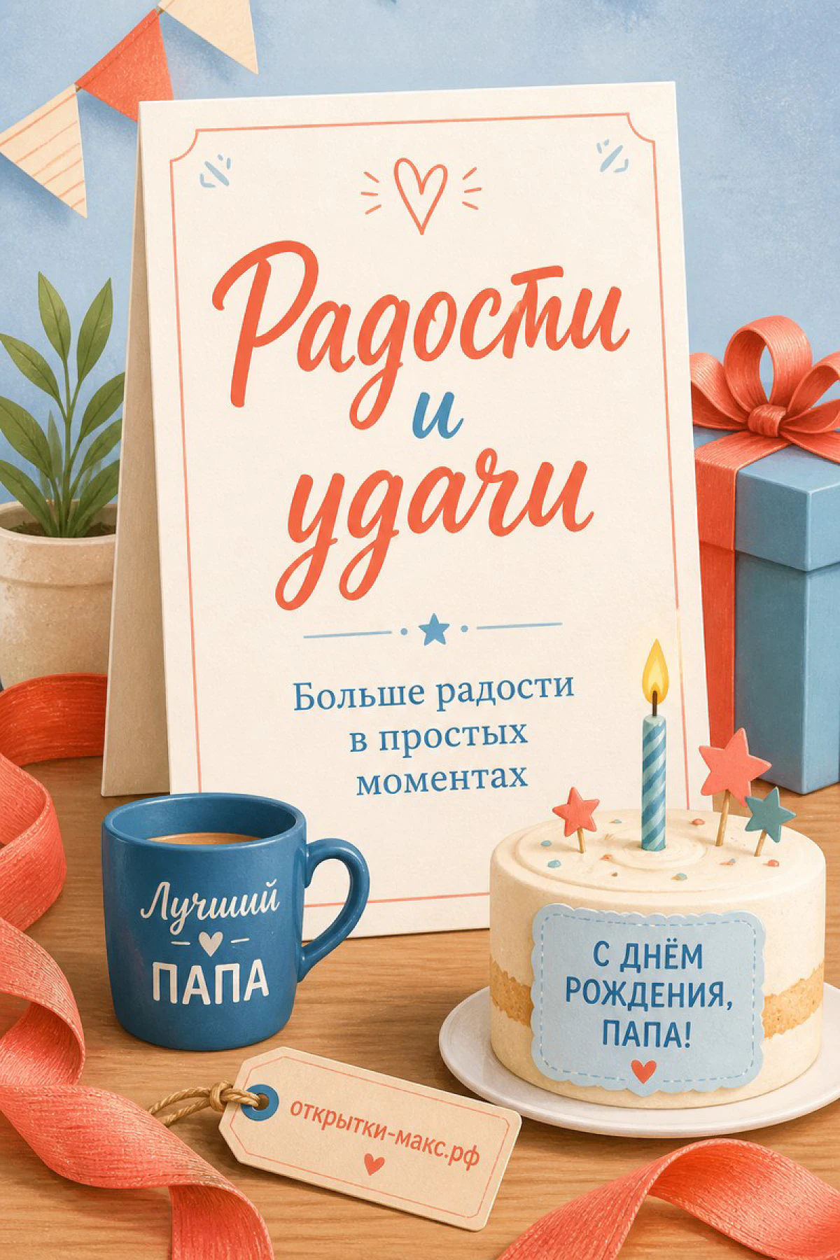 Торт со свечами и кружка с надписью «Лучший папа» рядом с подарочными коробками и праздничной гирляндой