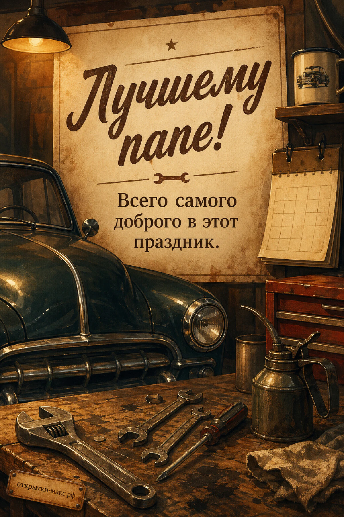 Тёмно-зелёный ретро-автомобиль в старом гараже с гаечными ключами на верстаке