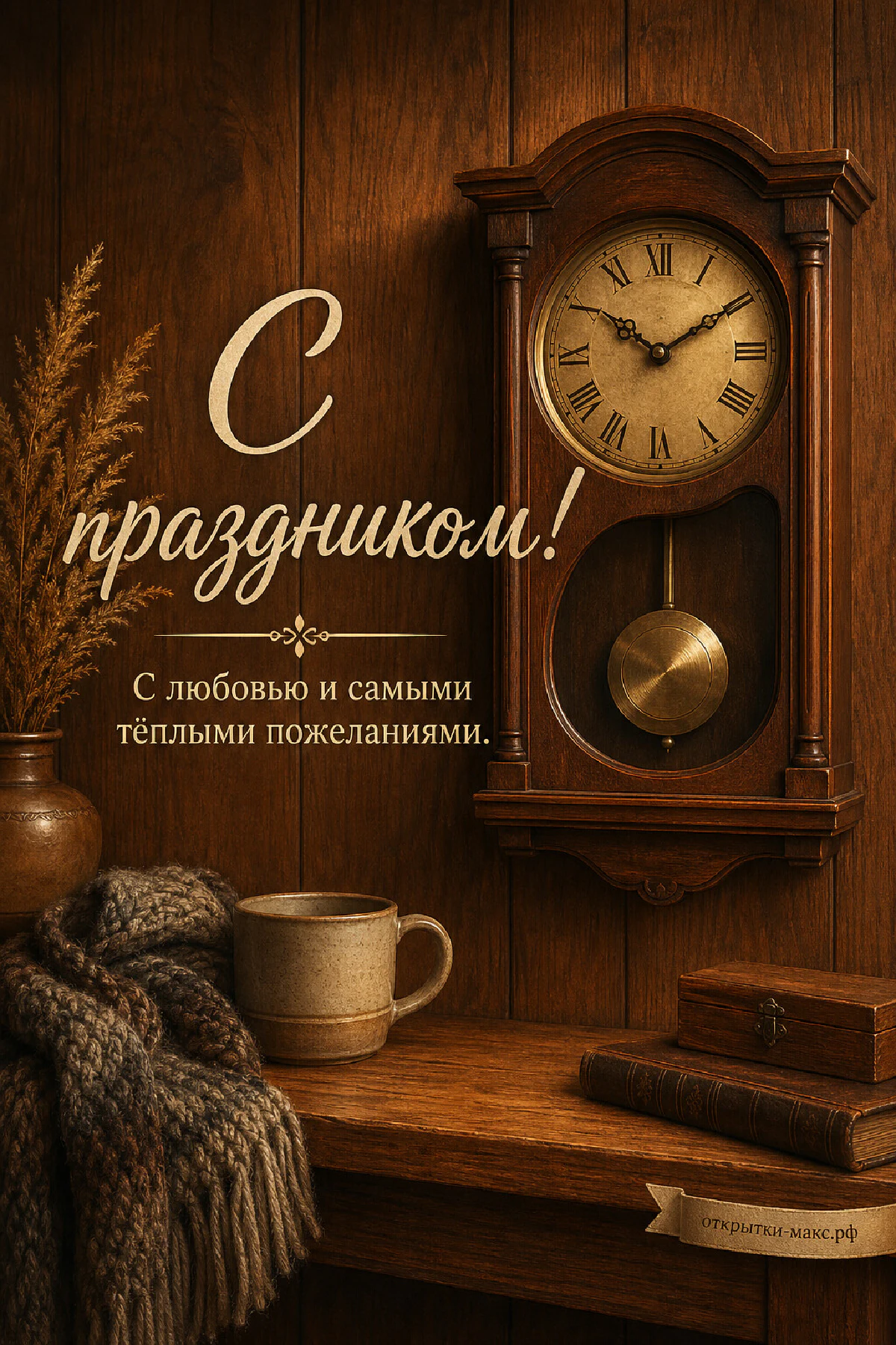 Старинные деревянные настенные часы с маятником и кружка на тёмном деревянном столе
