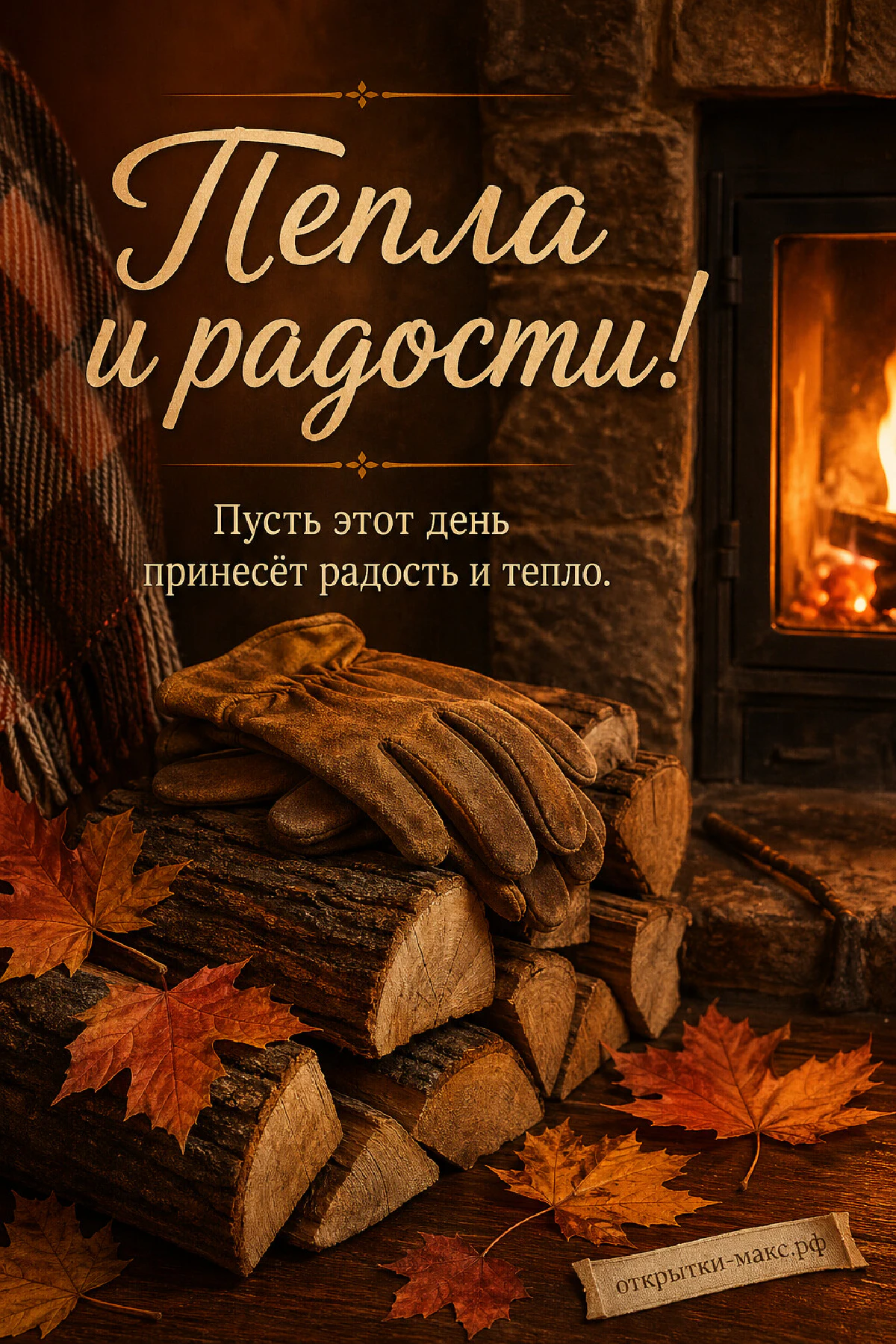 Стопка берёзовых дров с рабочими перчатками на них и горящий камин с осенними листьями