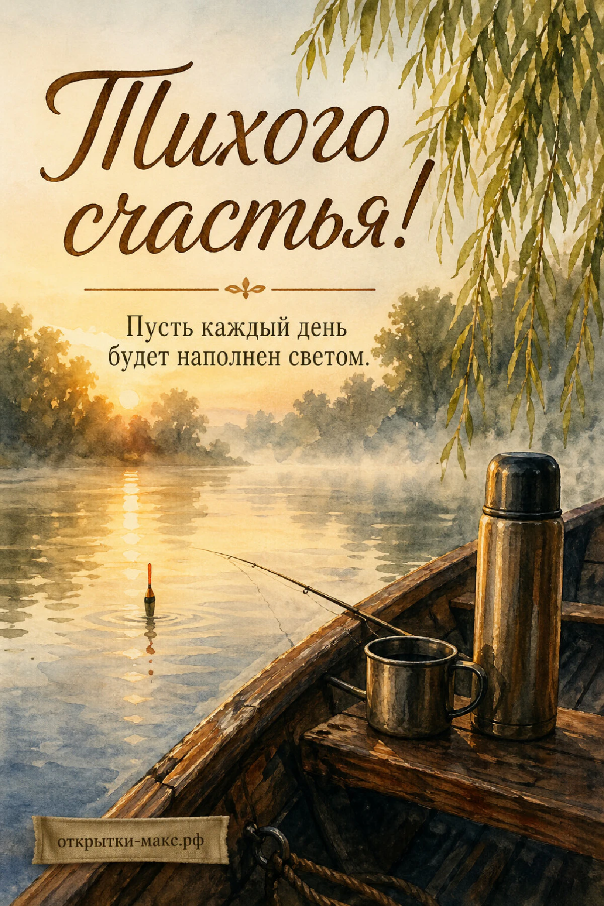Деревянная лодка с удочкой и термосом у берега туманной реки на рассвете