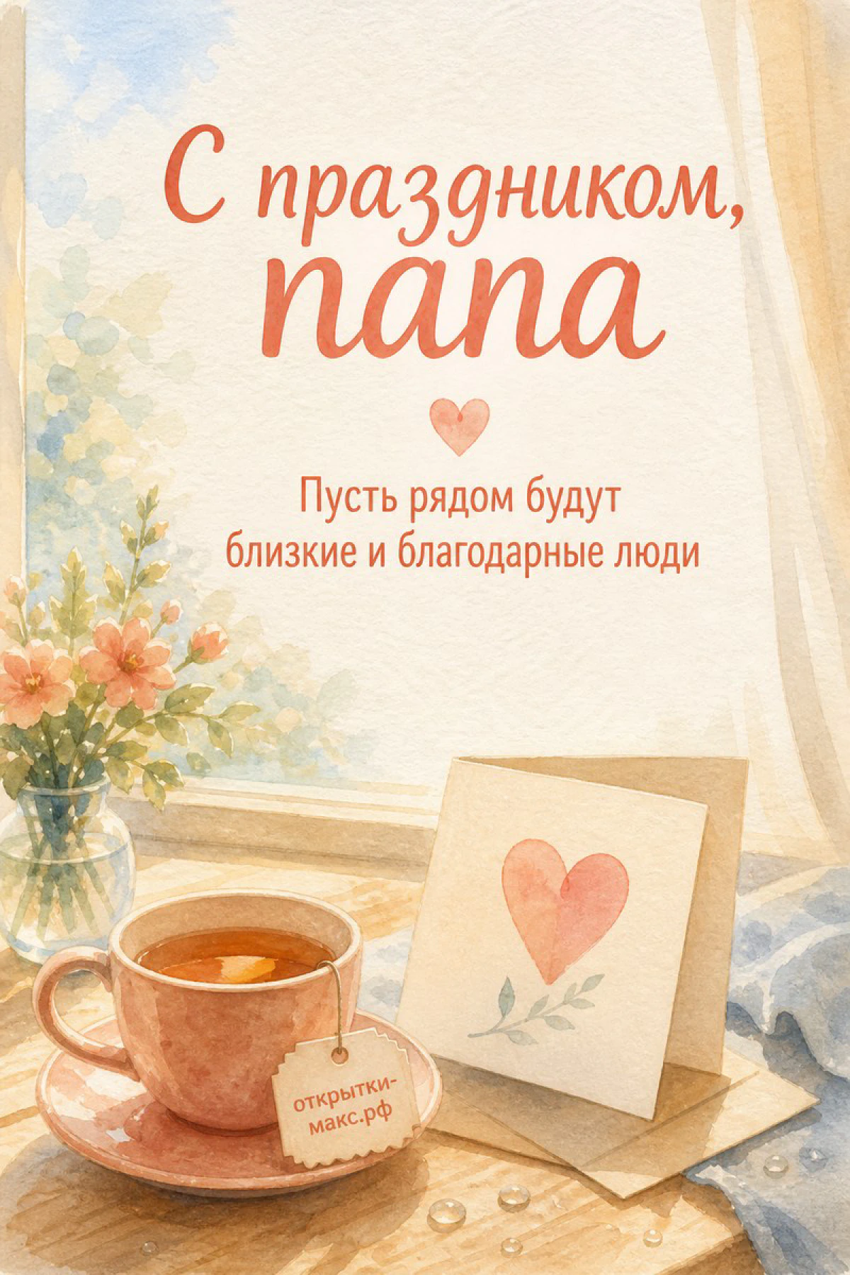 Акварельная открытка с чашкой чая, цветами в вазе у окна и надписью «С праздником, папа» в тёплых персиковых тонах