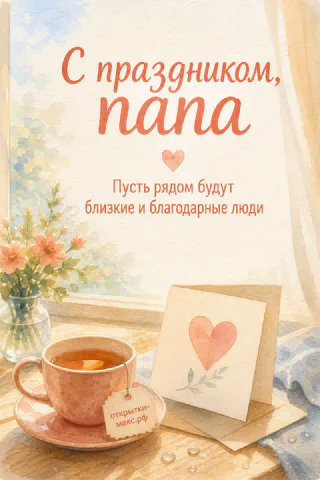 Акварельная открытка с чашкой чая, цветами в вазе у окна и надписью «С праздником, папа» в тёплых персиковых тонах