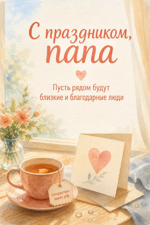 Акварельная открытка с чашкой чая, цветами в вазе у окна и надписью «С праздником, папа» в тёплых персиковых тонах