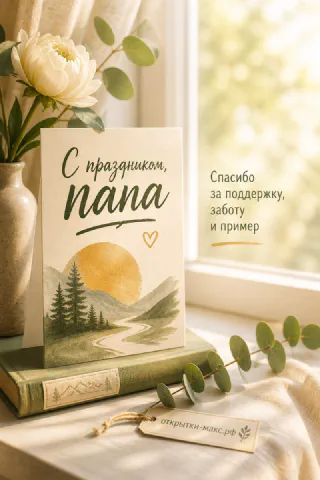 Открытка с акварельным пейзажем леса и реки рядом с белыми цветами в вазе у окна с надписью «С праздником, папа»