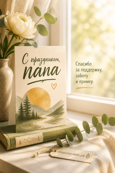 Открытка с акварельным пейзажем леса и реки рядом с белыми цветами в вазе у окна с надписью «С праздником, папа»