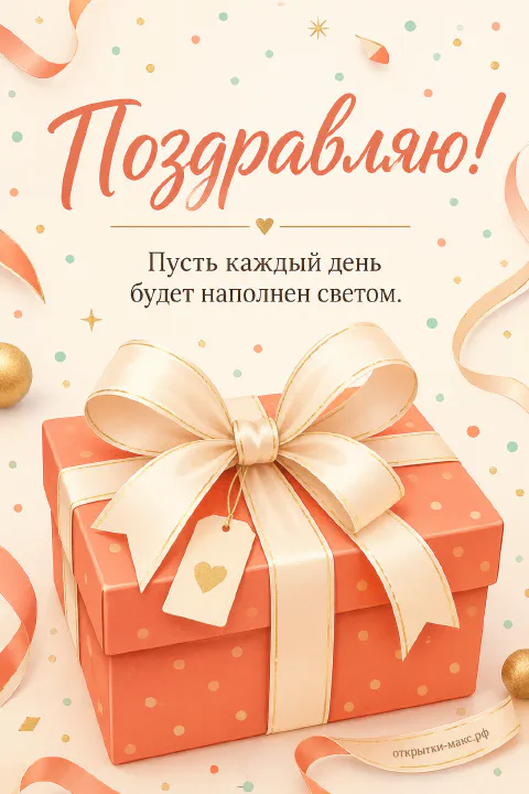 Персиковая подарочная коробка в горошек с большим белым атласным бантом и конфетти