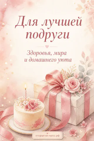 Розовый торт со свечой и подарочная коробка с розами на нежном акварельном фоне — открытка подруге на день рождения